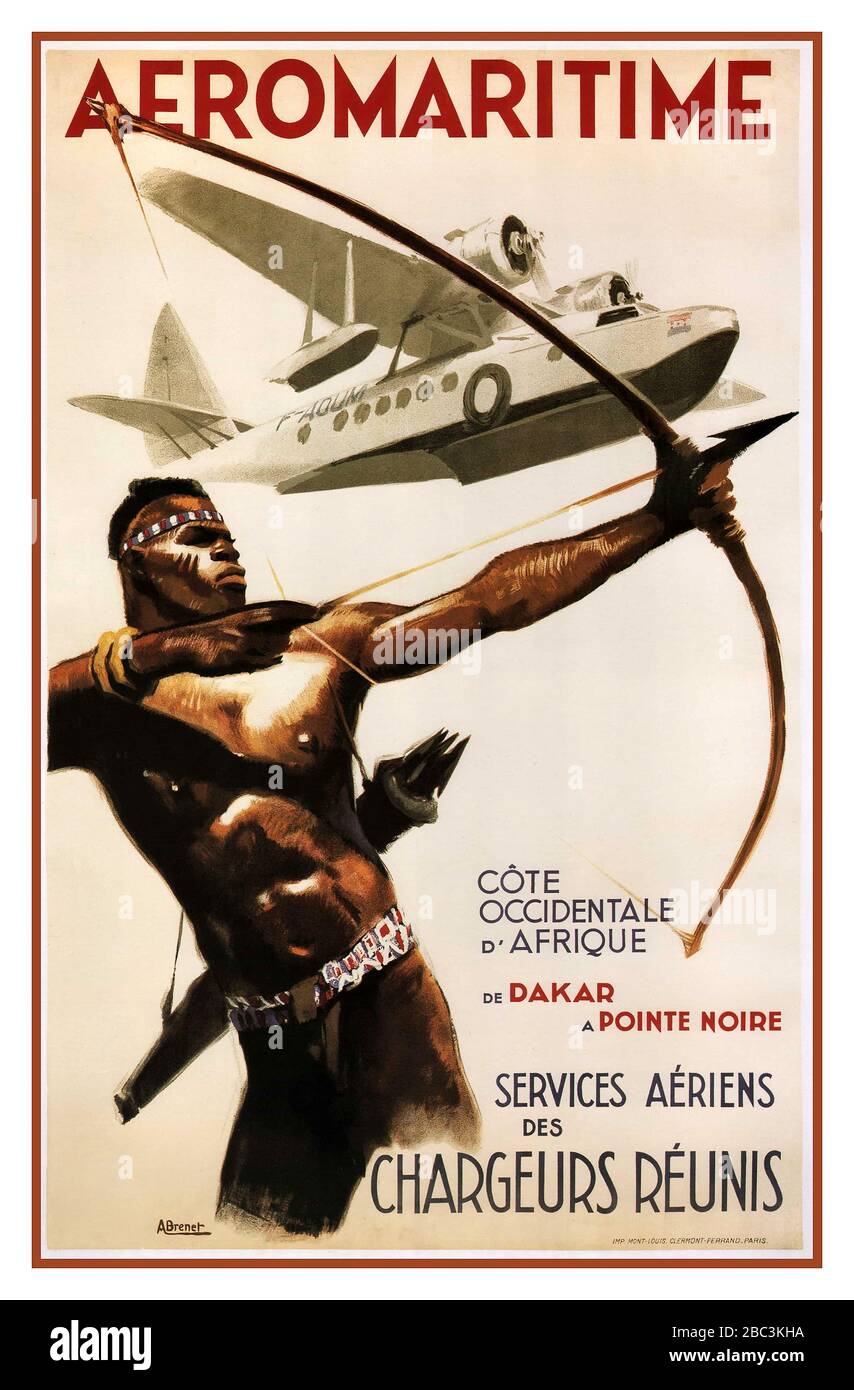 AEROMARITIME 1950s Vintage Airline Advertisement Poster native African bow man in the 1950 Antique French African Dakar Pointe Noire Cote Occidentale d'Afrique Stock Photo