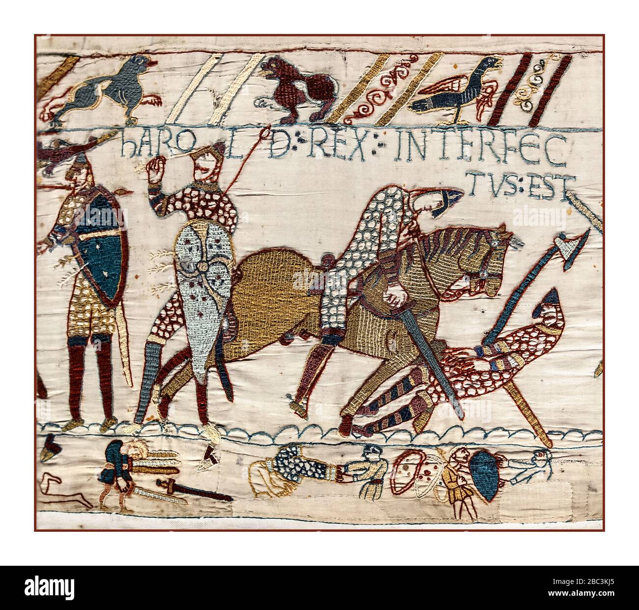 BAYEUX TAPESTRY DEATH Harold Rex Interfectus Est: 'King Harold was killed'. Scene from the Bayeux Tapestry depicting the Battle of Hastings and the death of King Harold, image of Bayeux tapestry scene 87. 14th October 1066 Battle near Hastings, East Sussex, England Decisive Norman victory.The Battle of Hastings was fought on 14 October 1066 between the Norman-French army of William, the Duke of Normandy, and an English army under the Anglo-Saxon King Harold Godwinson, beginning the Norman conquest of England. It took place approximately 7 miles (11 kilometres) northwest of Hastings. Stock Photo