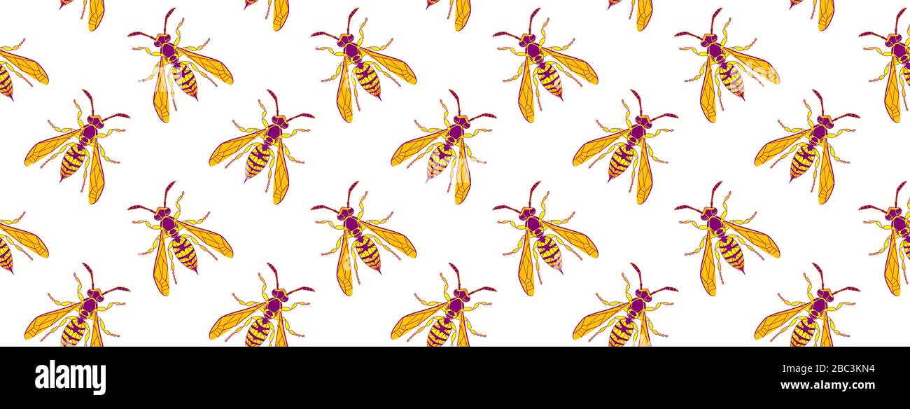 Wasp insect seamless wallpaper. Dangerous design for textile, fabric texture. Yellow bugs cover on white backdrop. Vector Bumblebee drawing web banner. Wild Nature graphic print. Stock Vector