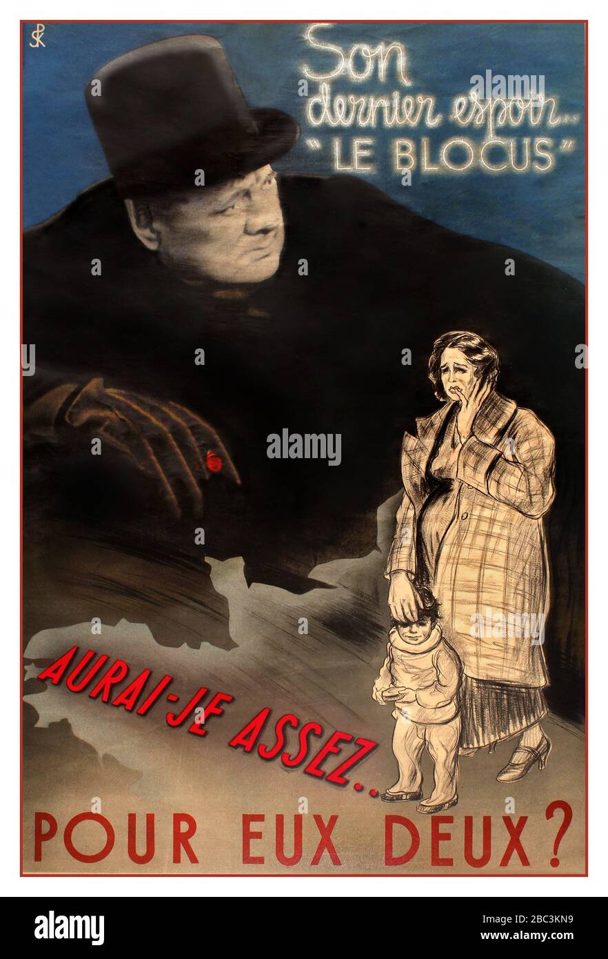 Original WW2 vintage anti-British propaganda poster issued in Nazi occupied France during World War Two - Son Dernier Espoir Le Blocus - Aurai-je assez ... pour eux deux? / His Last Hope The Blockade - Will I have enough for them both? - featuring illustration of malnourished pregnant lady and her young child standing on map of France which is dominated by somber image of Winston Churchill (Winston Leonard Spencer-Churchill 1874-1965; Prime Minister 1940-1945 and 1951-1955) with hat and smoking a cigar with a gloved hand, Occupied France,  1940 Graphic design, SPK Stock Photo