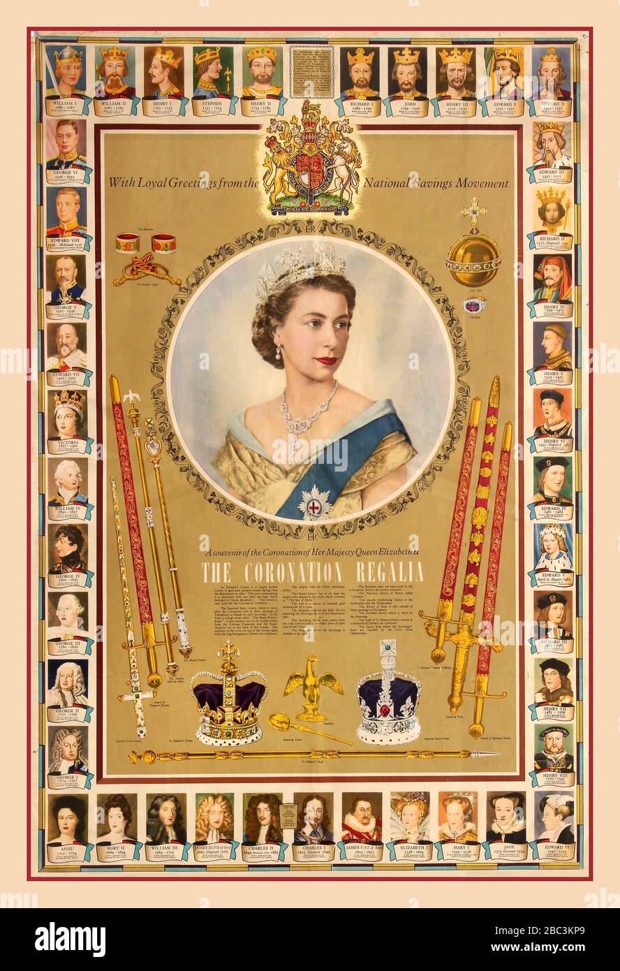 CORONATION REGALIA POSTER Vintage 1950s British information poster issued by the National Savings Committee as a souvenir of the Coronation of Her Majesty Queen Elizabeth II - The Coronation Regalia, on June 2, 1953. This poster features a portrait of Her Majesty Queen Elizabeth II with portraits of all of her predecessors displayed as a frieze on the margins of the poster. The poster also shows the two Crowns, Swords, Spurs, Bracelets, the Ring, the Orb, the Sceptre and the Staff that the Queen received during the Coronation ceremony. June 2 1953. Stock Photo