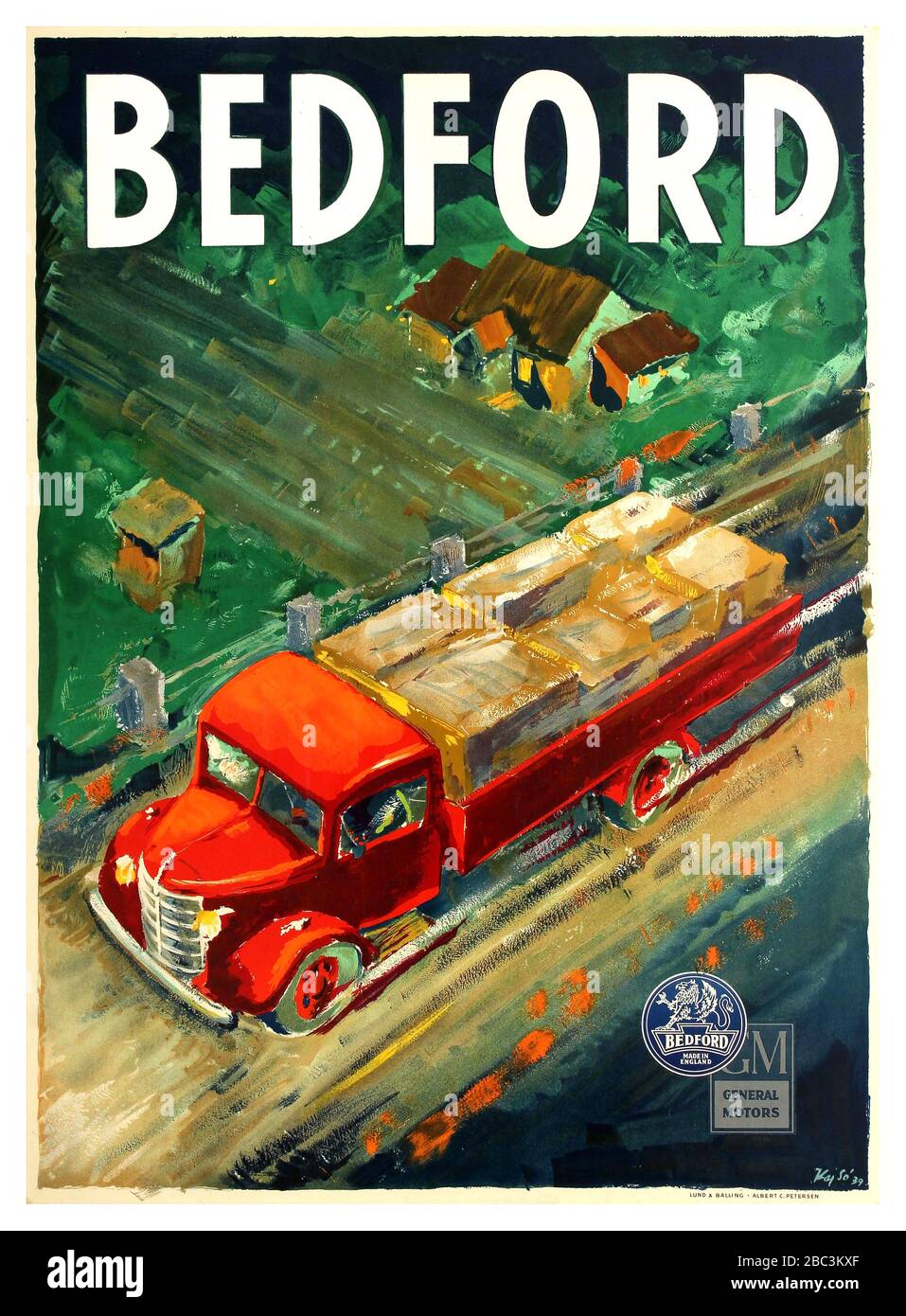 BEDFORD TRUCKS Vintage advertising poster for British truck manufacturer Bedford featuring an aerial view of a loaded red Bedford truck driving in the countryside past a house and a field with the text above and the Bedford and General Motors logos below. Based in Luton Bedfordshire, Bedford Vehicles was founded in 1930 by Vauxhall Motors to produce commercial lorries, trucks and vans; the company was taken over by the American company General Motors in 1925. Printed by Lund & Balling - Albert C. Petersen. .  Denmark, 1939, designer: Kaj So, Stock Photo