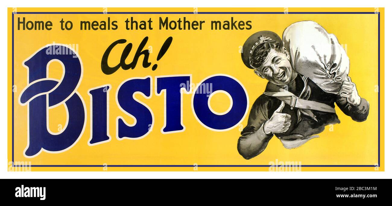 AH BISTO GRAVY vintage poster circa First World War vintage advertising poster: “Ah! Bisto Home to meals that Mother Makes”. poster featuring a black and white illustration of a smiling young sailor in uniform coming home from the War WW1 carrying a heavy duffle bag over his shoulder and giving the viewer the thumbs up  UK, 1920s, Stock Photo