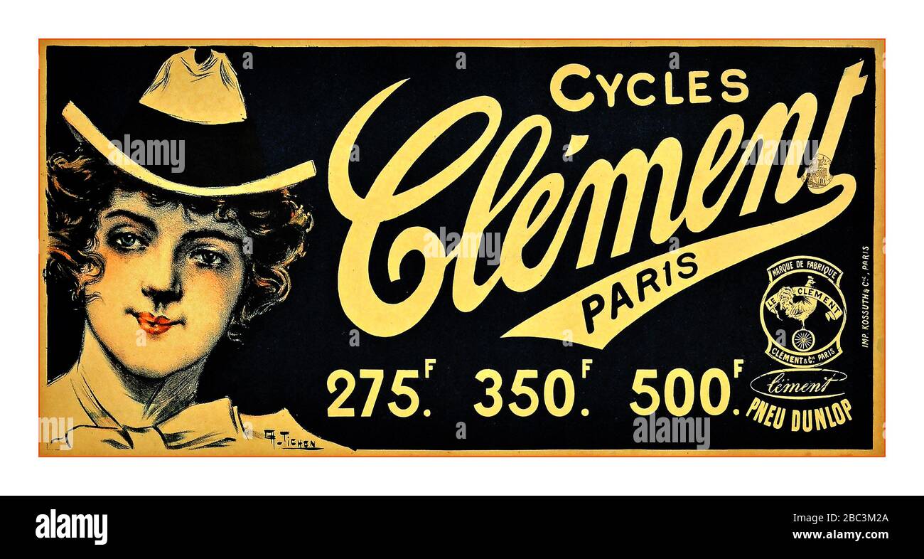Original vintage 1890's antique poster for one of the leading French bicycle manufacturers 'Clement Cycle's - 'Cycles Clement Paris Dunlop Tyres'. Victorian illustration of an elegant lady wearing a hat with the stylised text on the side. Prices in old original French Francs Currency  Horizontal.  France, 1890s, designer: Charles Tichon Stock Photo