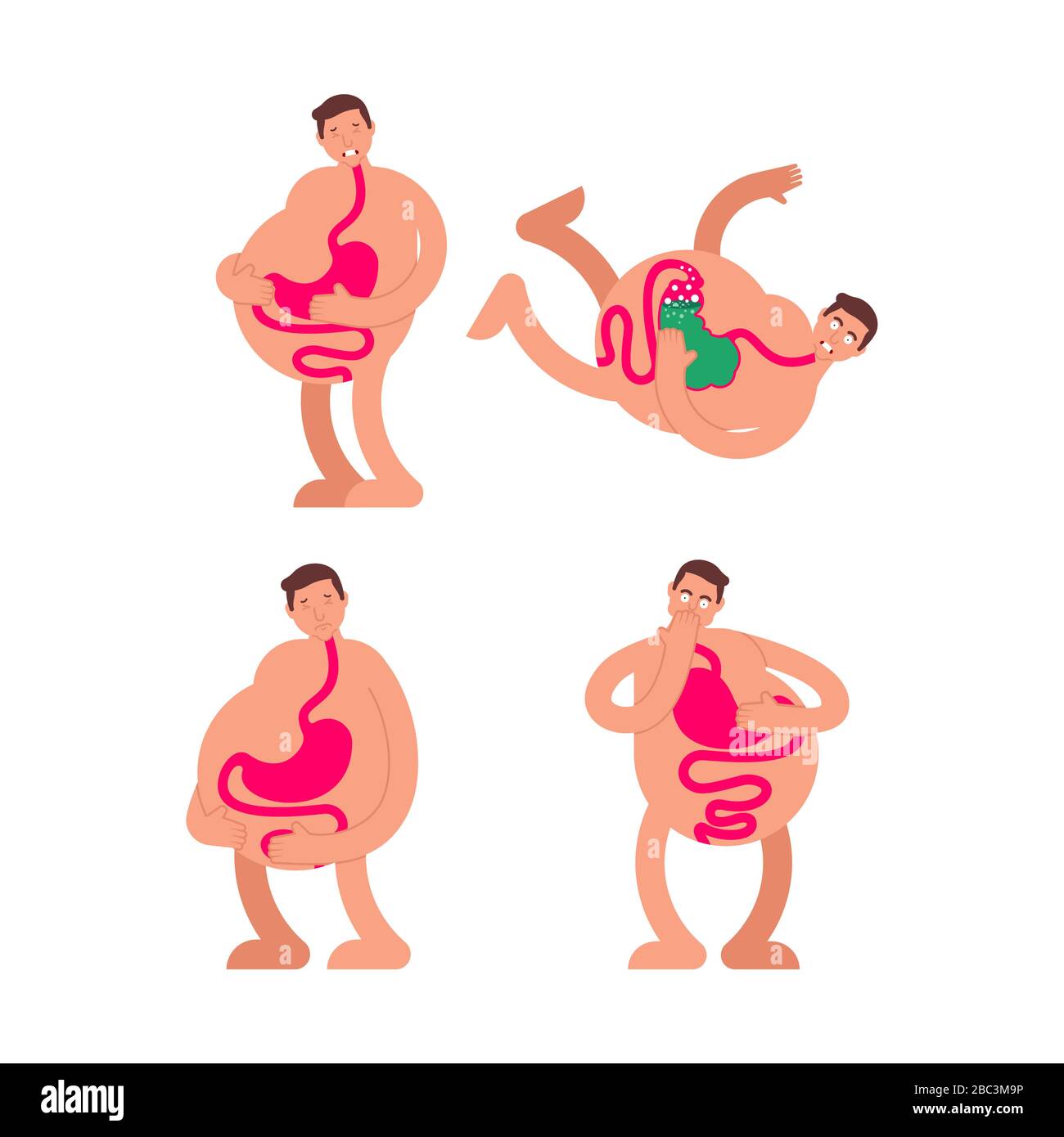 Sick stomach set. Heaviness in belly. bloating and nausea. vector