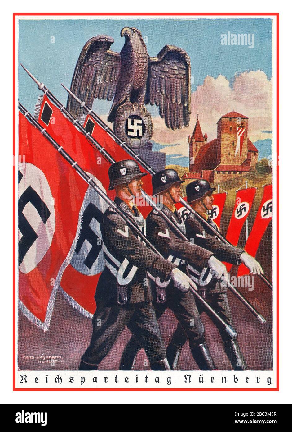 Vintage Nazi SS Propaganda Card Poster 1938 SS Vorbeimarsch, Parteitags-Sonderstempel Rally. 1938 SS Vorbeimarsch, Parteitags-Sonderstempel.  March of the SS for the 1938 Nürnberg Reichsparteitag / Nuremberg Nazi Party in Nazi Germany Stock Photo