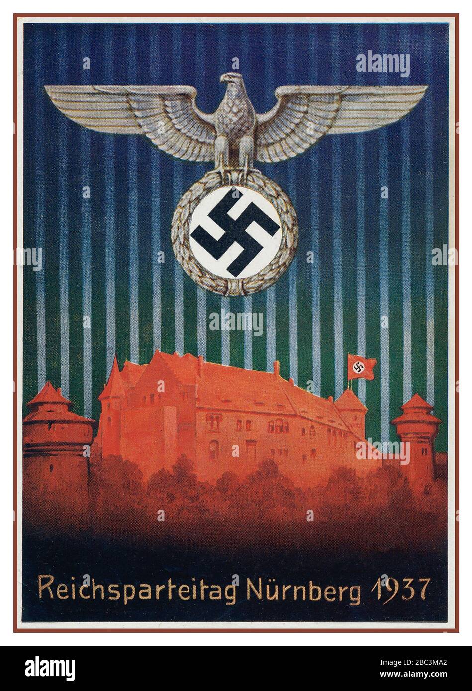 Archive 1930s Nazi Propaganda Poster Reichsparteitag Nürnberg Germany with German Eagle holding Swastika symbol above Nurnberg Castle with Swastika Flag flying Stock Photo