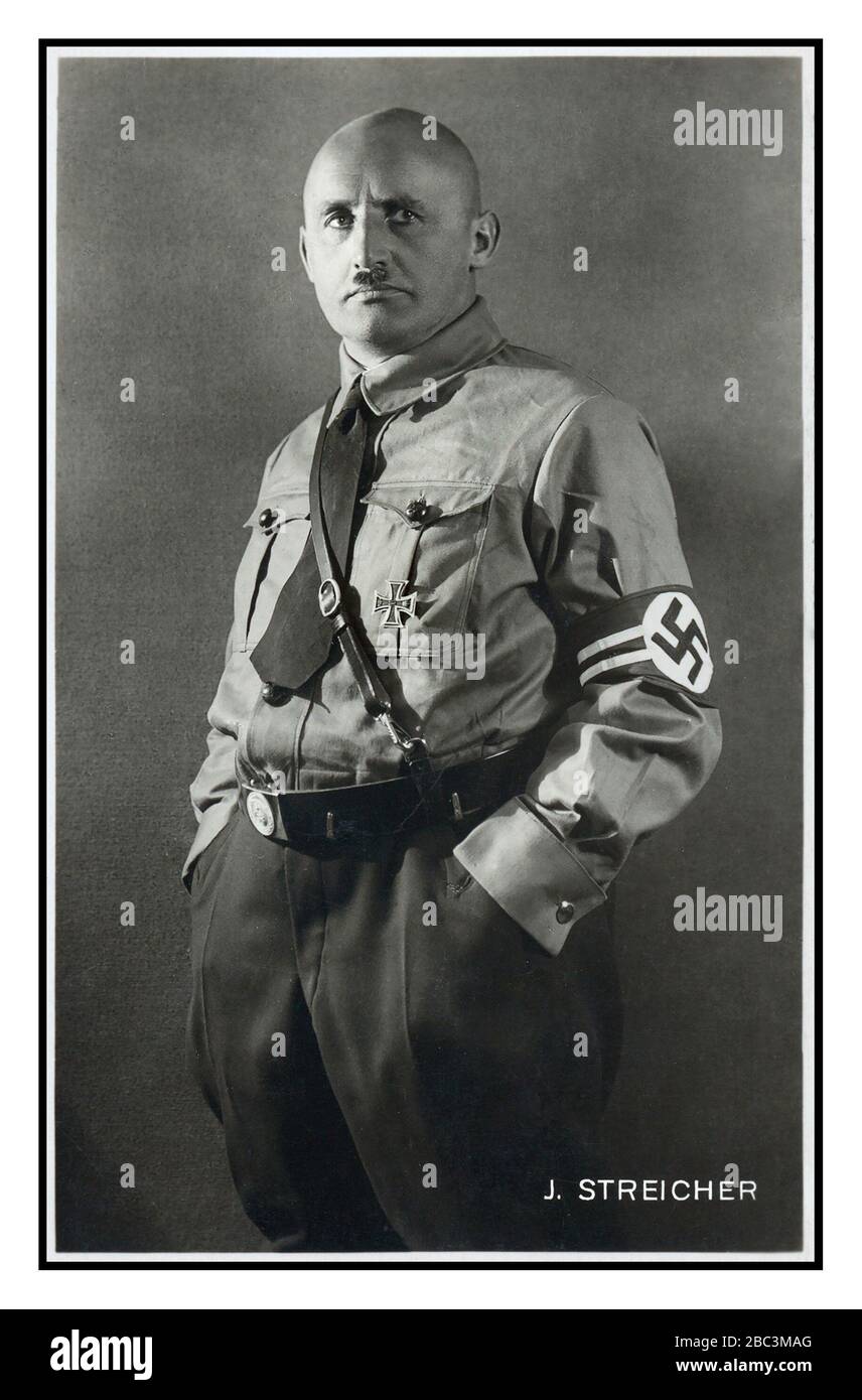 JULIUS STREICHER Archive Nazi party member wearing a swastika armband studio portrait Julius Streicher in uniform. (1885-1946) German politician portrait 1937. Streicher Nazi Germany Gauleiter von Nurnberg,  He was the founder and publisher of Der Stürmer a racist anti -jewish newspaper, used by the Nazi Propaganda machine to publish heinous malicious untruths. He was executed in 1946 for war crimes against humanity. Stock Photo