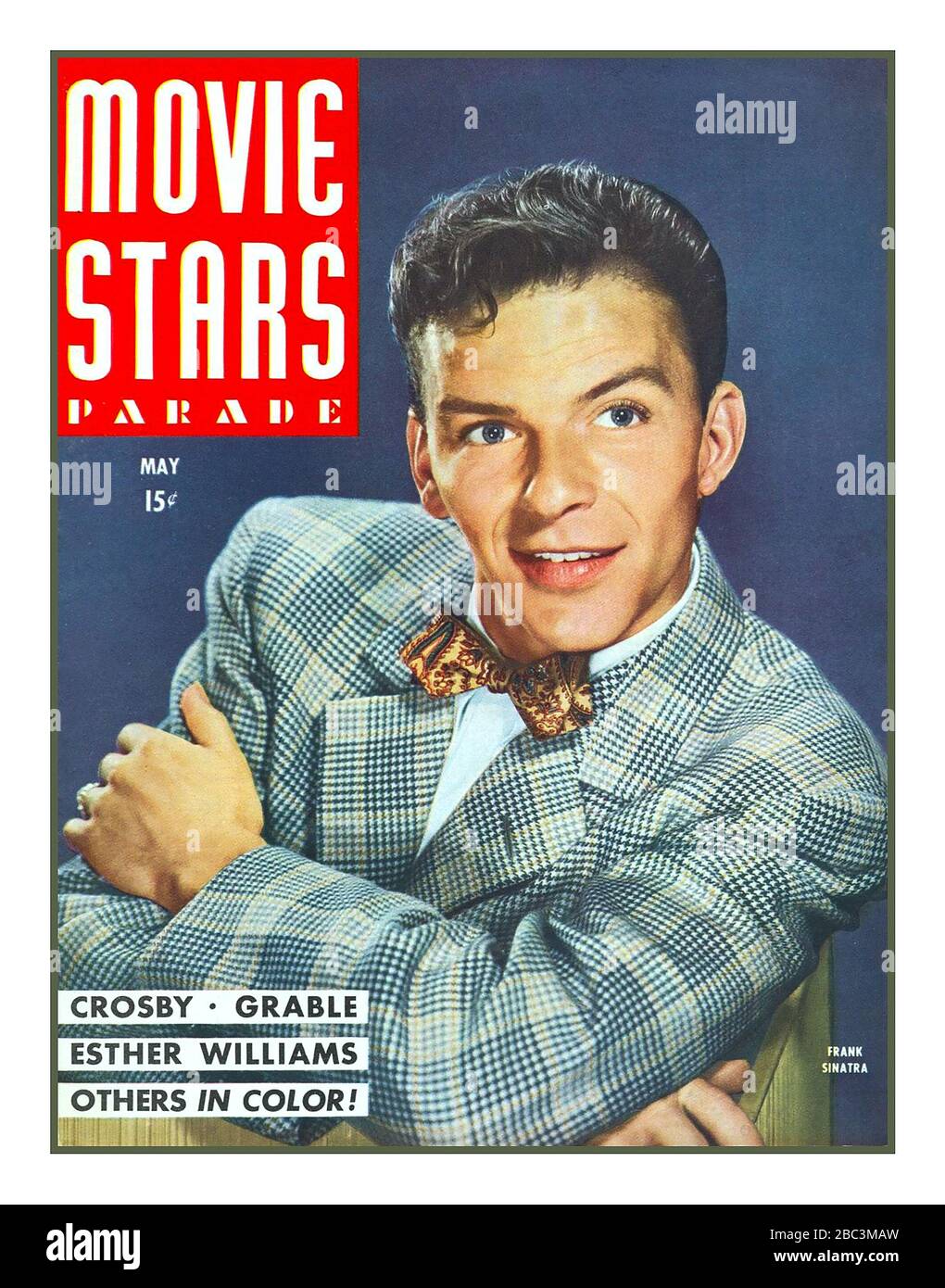 FRANK SINATRA 1940s VINTAGE Movie Stars Parade magazine May 1945. The cover features Frank Sinatra, who starred in Anchors Aweigh, a film released two months after this issue in July 1945. The cover also references Bing Crosby, Betty Grable, and Esther Williams. Hollywood USA Singer American film actor, filmmaker, producer, showman, singer. Eleven times became a Grammy Award winner. He was famous for the romantic style of performing songs & the 'velvet' timbre of his voice. In the 20th century, Sinatra became a legend not only in the musical world, but also in every aspect of American culture Stock Photo