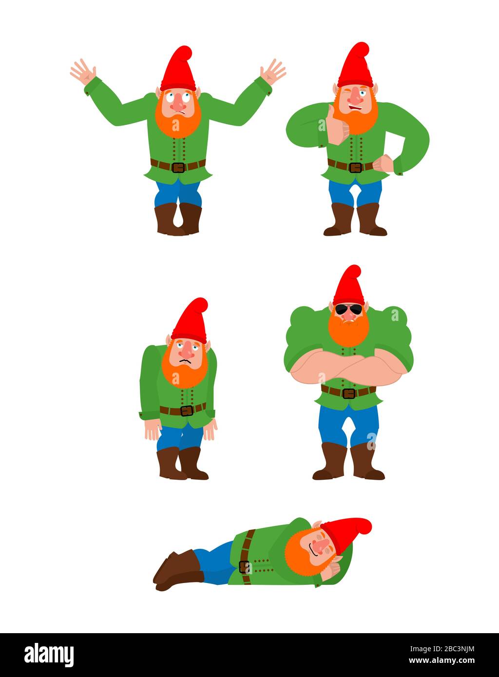 Garden gnome set poses. dwarf happy. sleeping and angry. guilty and sad