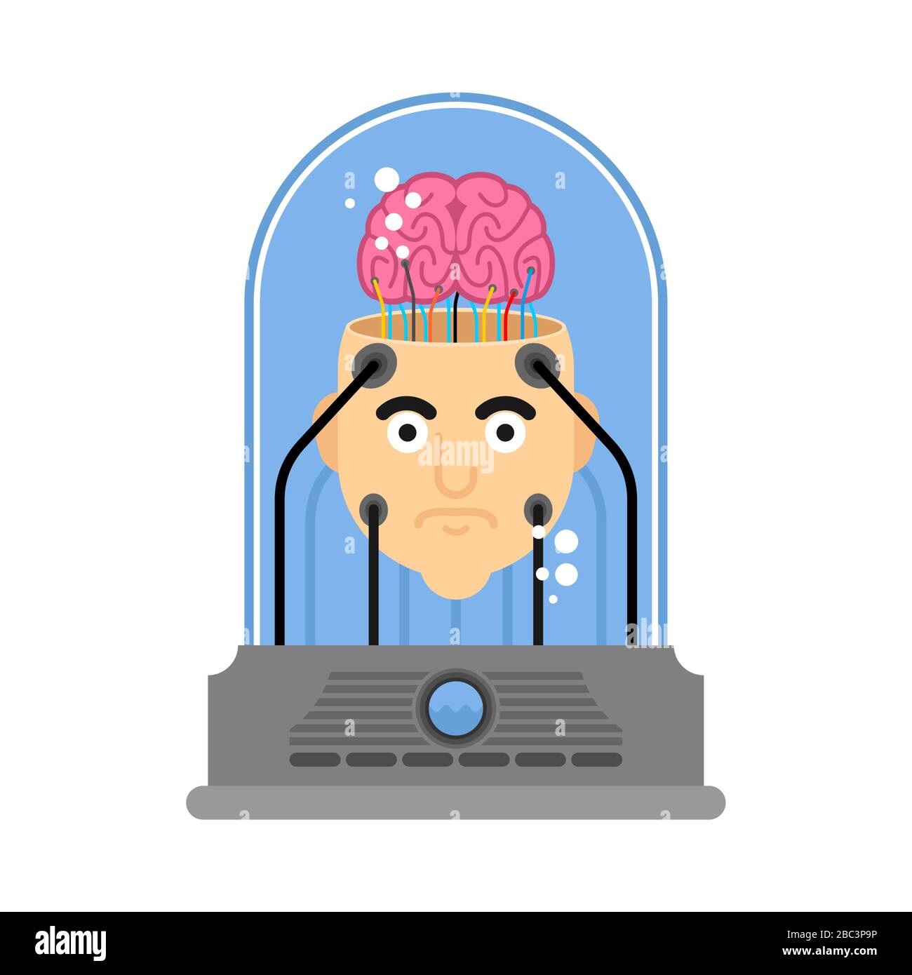 Brain in an open head with wires. Nerve cell stimulation Stock Vector ...