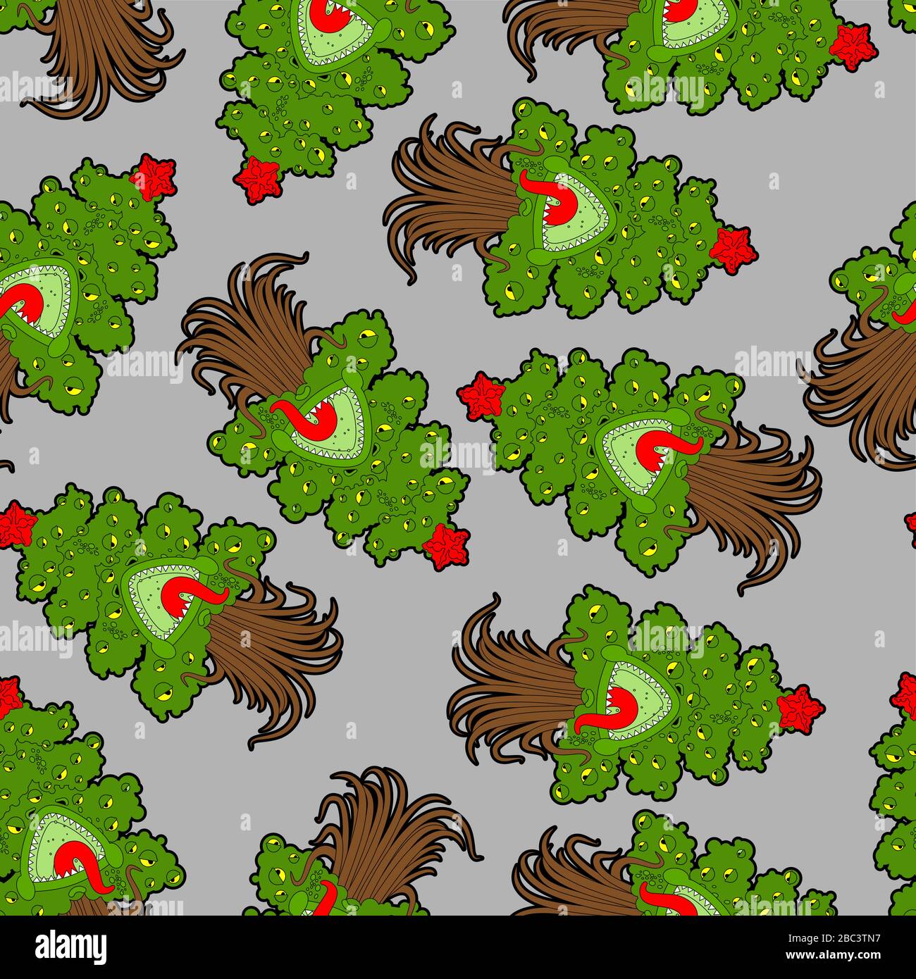Christmas tree monster pattern seamless. Fir mutant background . Angry Xmas and New Year vector texture Stock Vector