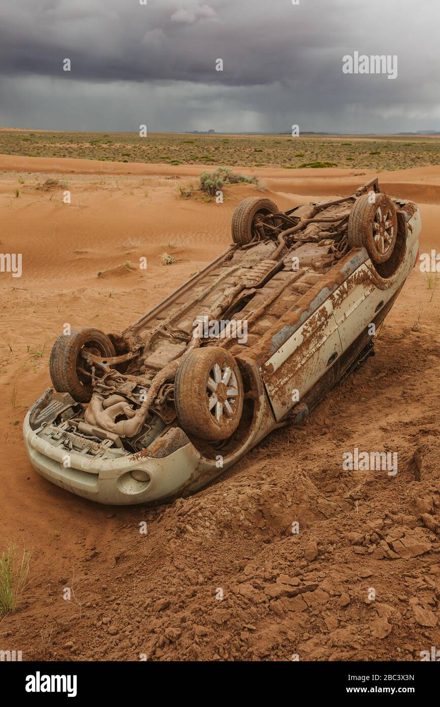 car accident caused by wet desert dirt roads near the maze utah Stock Photo