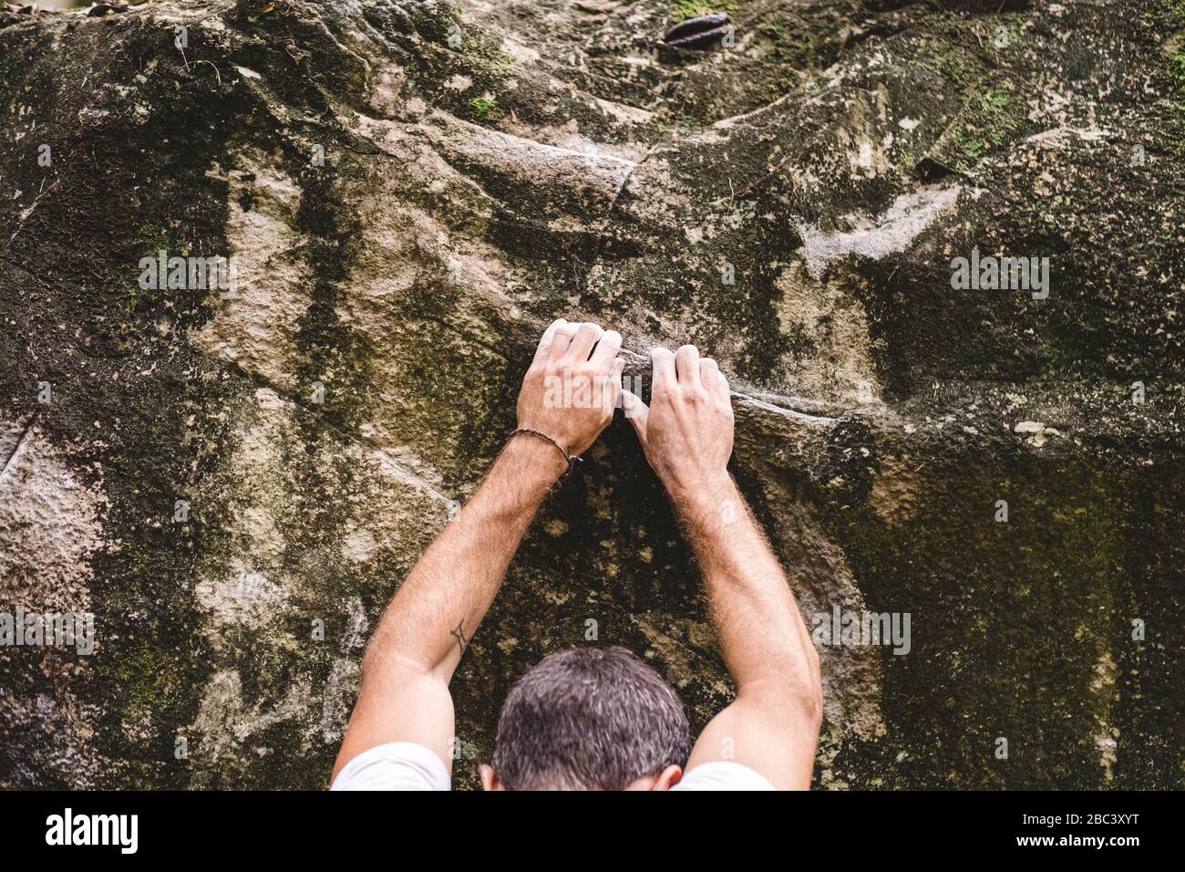 Upper part of a male climber climbing a rock Stock Photo