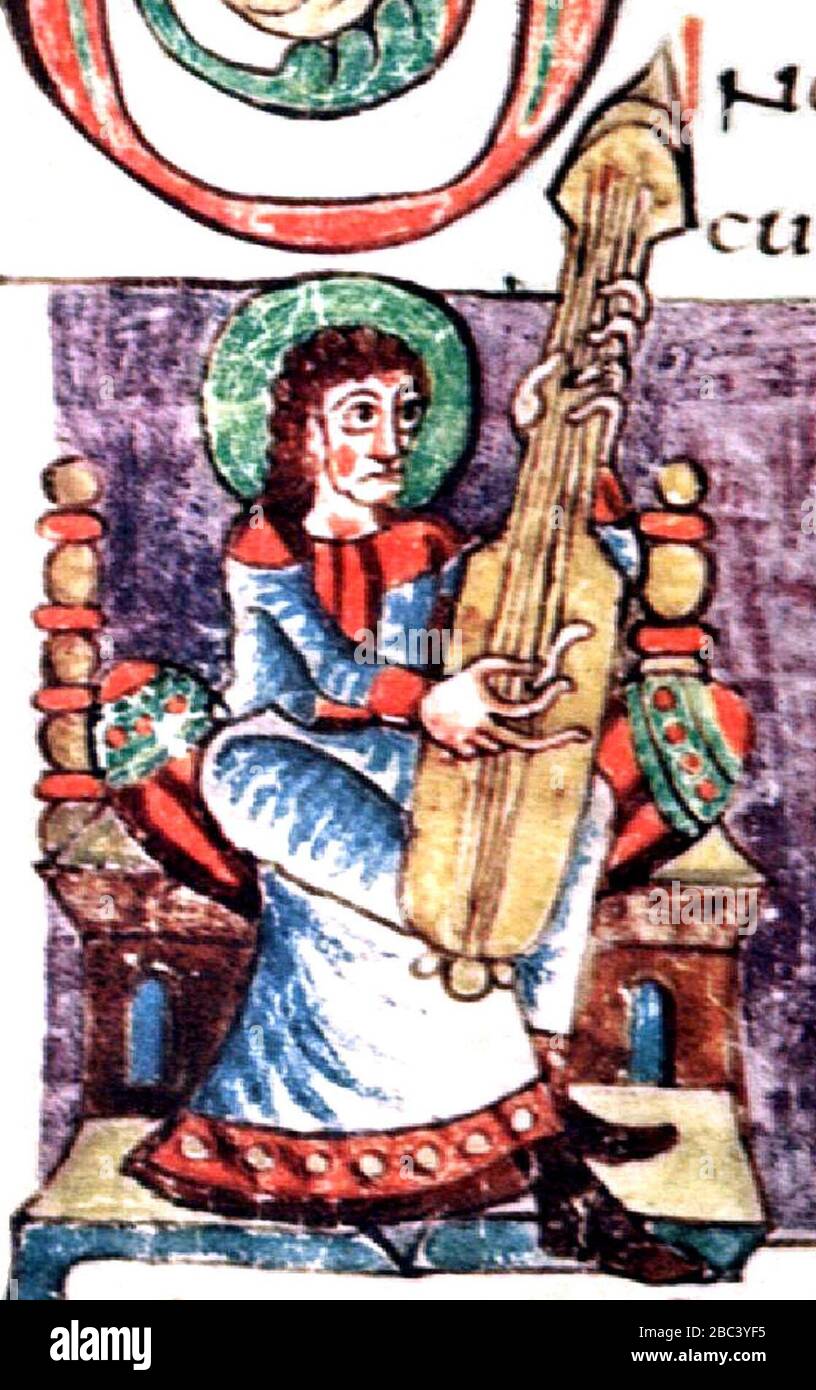 Guitar-like plucked instrument, Carolingian Psalter, 9th century manuscript, 108r part, Stuttgart Psalter. Stock Photo