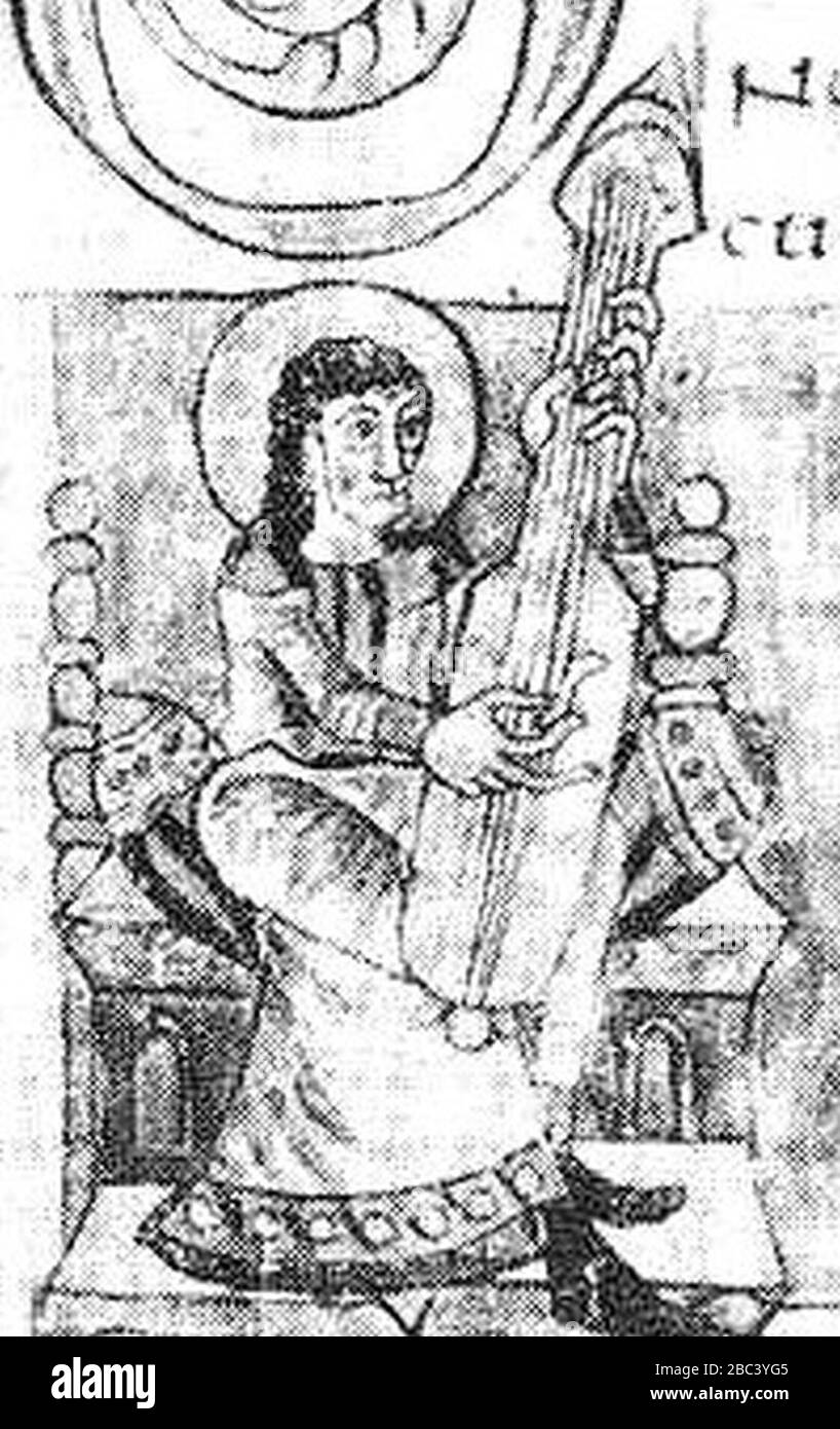 Guitar-like plucked instrument Carolingian Psalter 9th century manuscript. Stock Photo