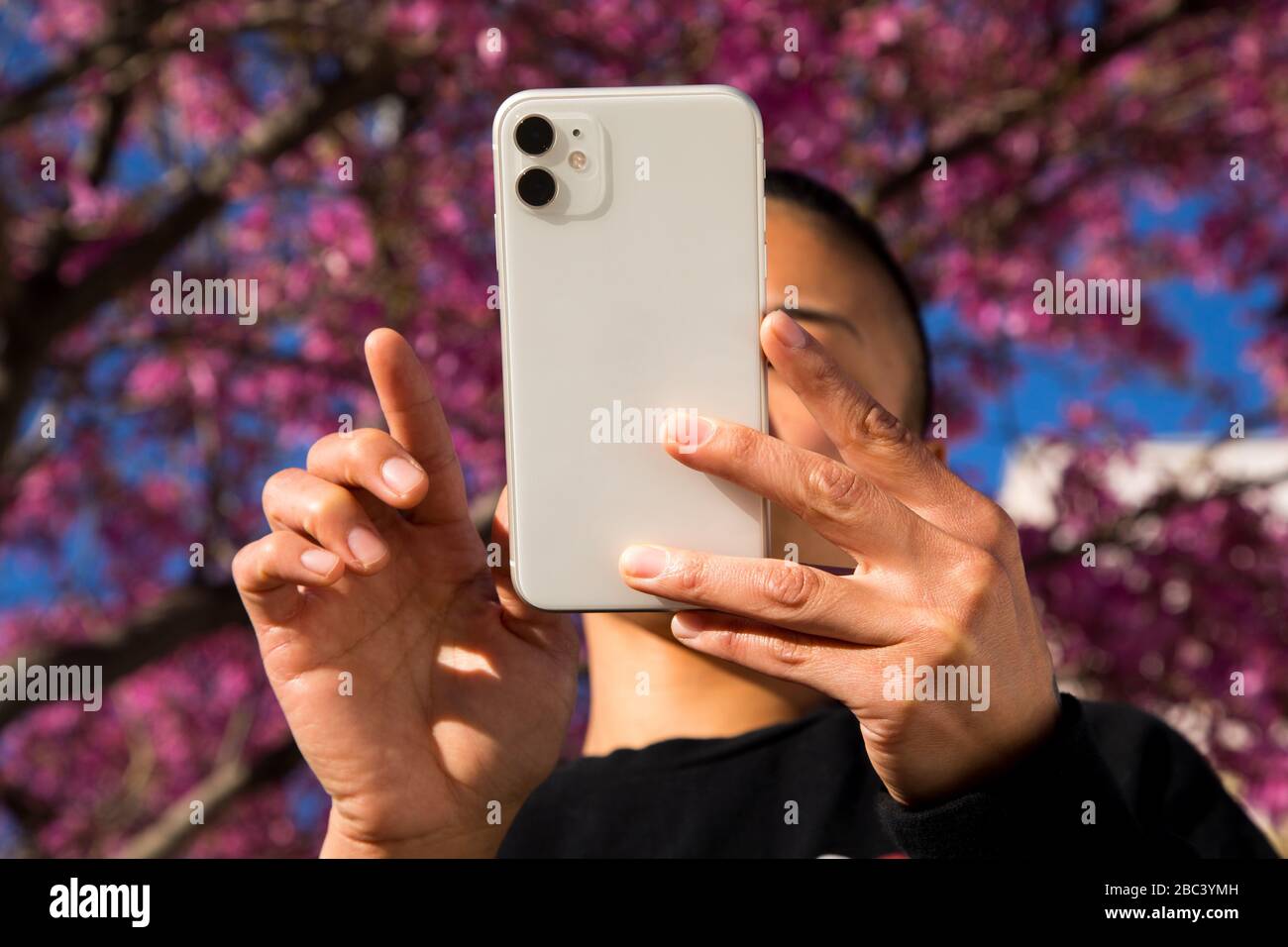 woman using cell phone outdoors in springtime Stock Photo