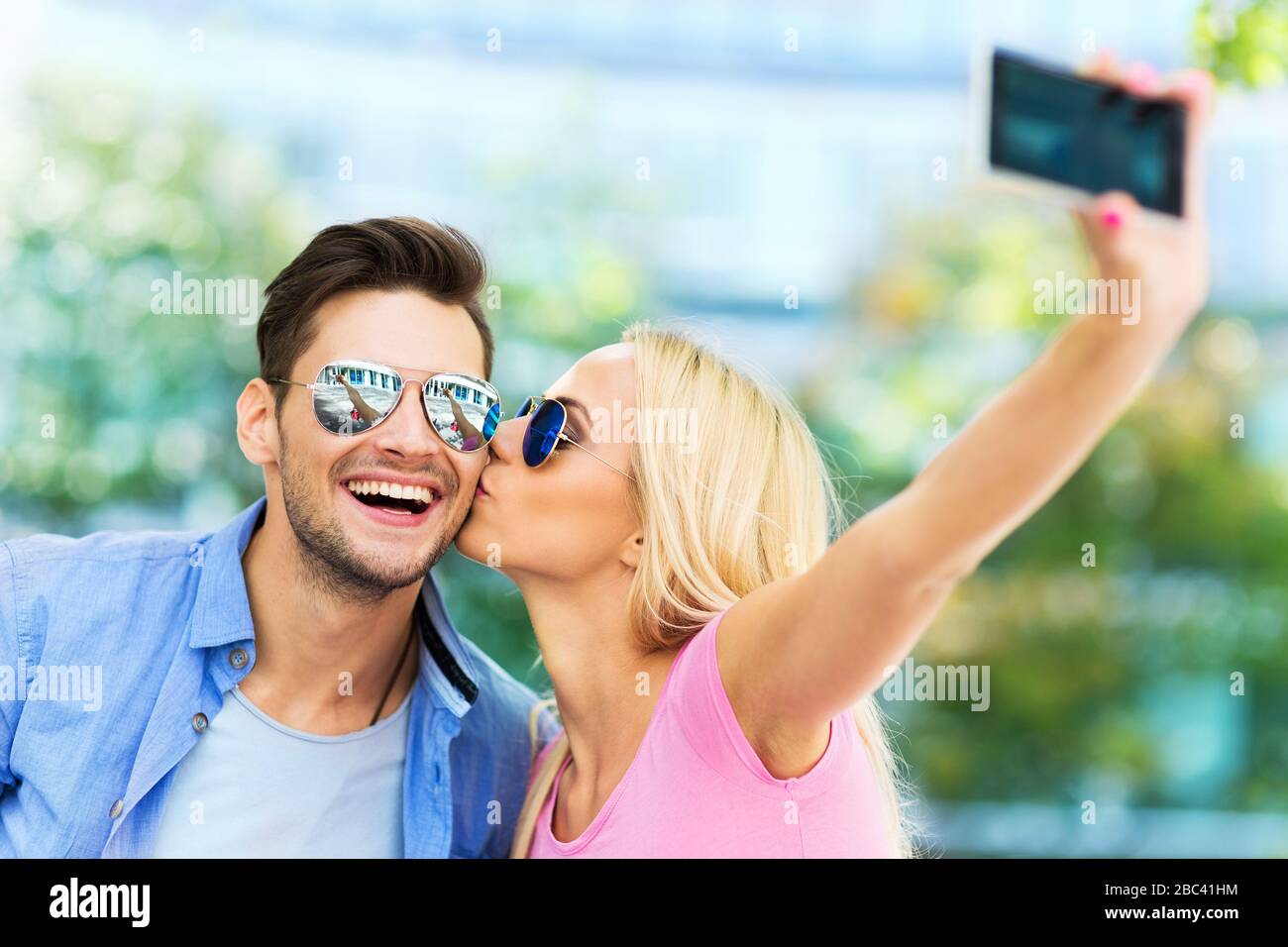 Couple taking a selfie with smartphone Stock Photo