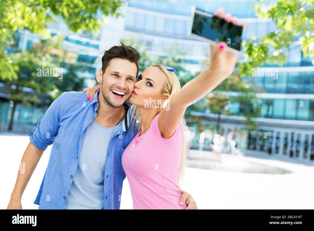 Couple taking a selfie with smartphone Stock Photo