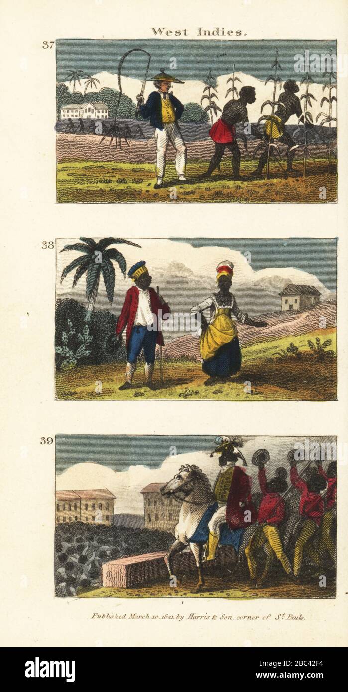 Overseer whipping slaves on a sugar cane plantation in Jamaica 37, free man and woman of Jamaica in their finery 38, and King Henri Christophe of Haiti in 1807 39. Handcoloured copperplate engraving from Rev. Isaac Taylor’s Scenes in America, for the Amusement and Instruction of Little Tarry-at-Home Travelers, John Harris, London, 1821. Stock Photo