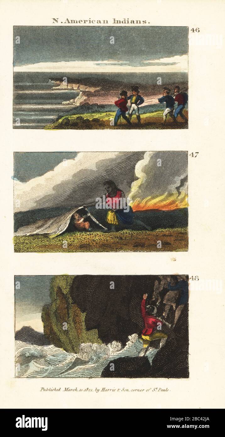 Captain Meriwether Lewis and William Clarke reaching the Pacific Ocean 46, Indian woman protecting her child from fire under a buffalo hide 47, and Clarke escaping from a river deluge 48. Handcoloured copperplate engraving from Rev. Isaac Taylor’s Scenes in America, for the Amusement and Instruction of Little Tarry-at-Home Travelers, John Harris, London, 1821. Stock Photo