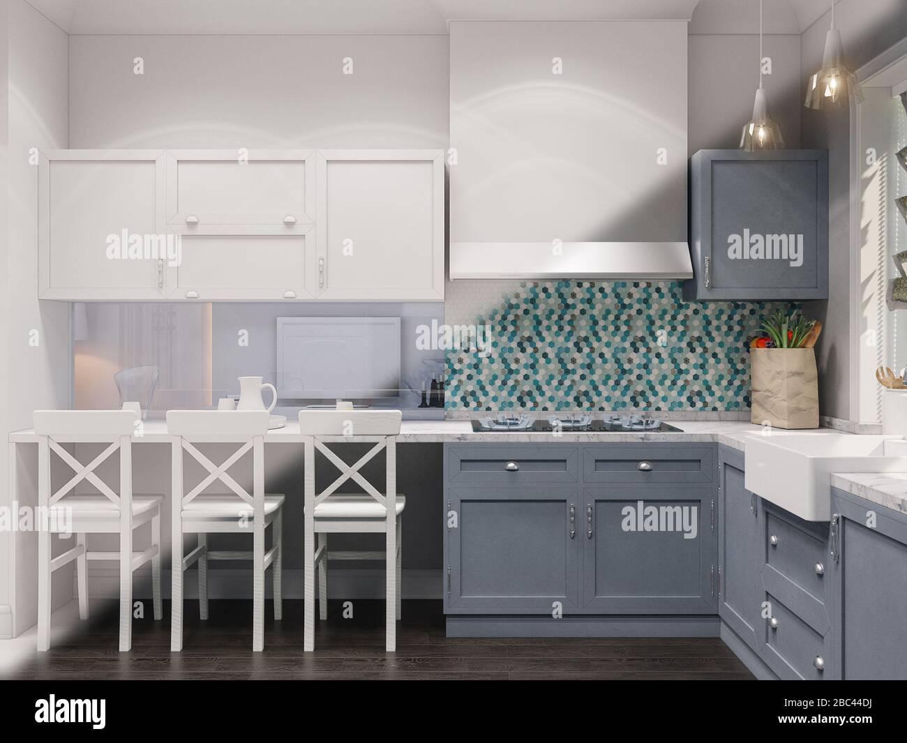 3d illustration of the interior design of the kitchen Stock Photo