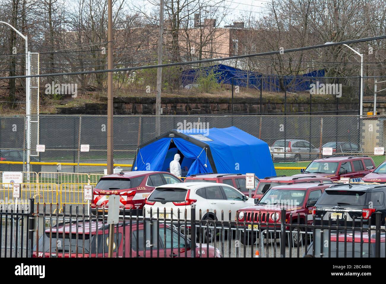 Jersey City, New Jersey, USA. 02nd Apr, 2020. On overall view of The Covid-19 testing site on Marin Boulevard in Jersey City, New Jersey. Mandatory credit: Kostas Lymperopoulos/CSM/Alamy Live News Stock Photo