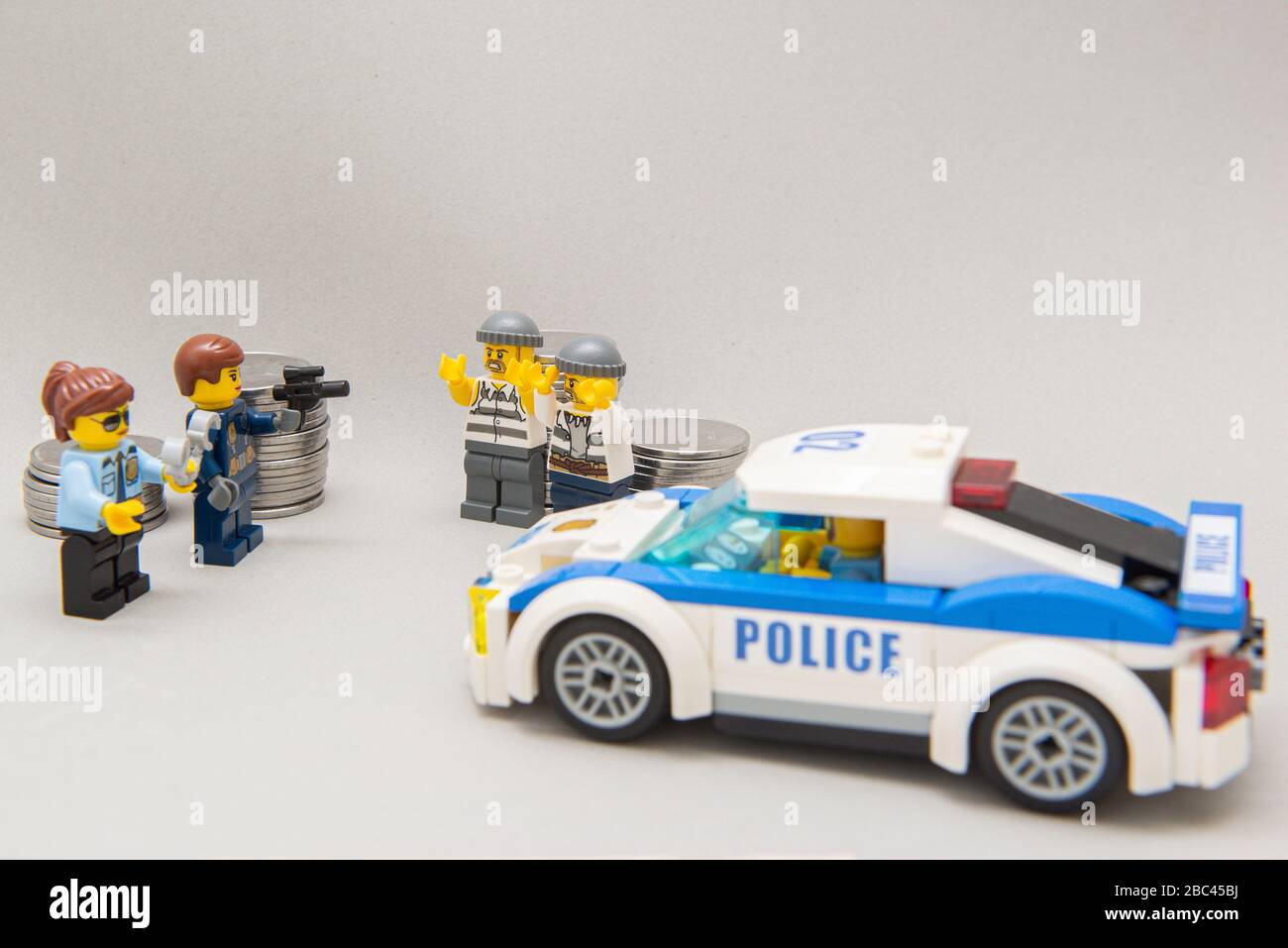 Florianopolis, Brazil, March 28, 2020: Bandits with their hands up being  arrested by the police. Lego minifigures are manufactured by The Lego Group  Stock Photo - Alamy