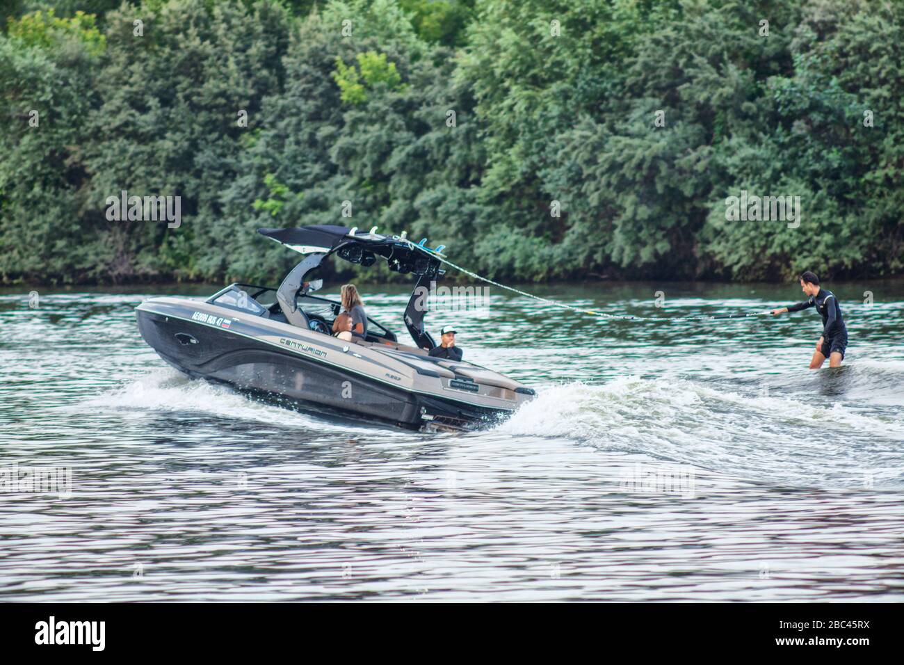 KRASNOGORSK, MOSCOW REGION, RUSSIA Aerial view of man wakeboarding on lake Stock Photo