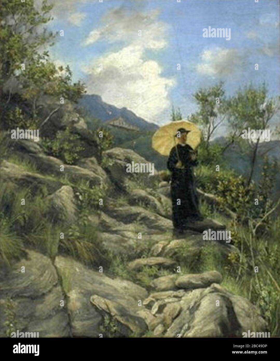 Johann Georg Grimm Pfarrer mit gelbem Sonnenschirm in felsiger Landschaft stehend. Stock Photo