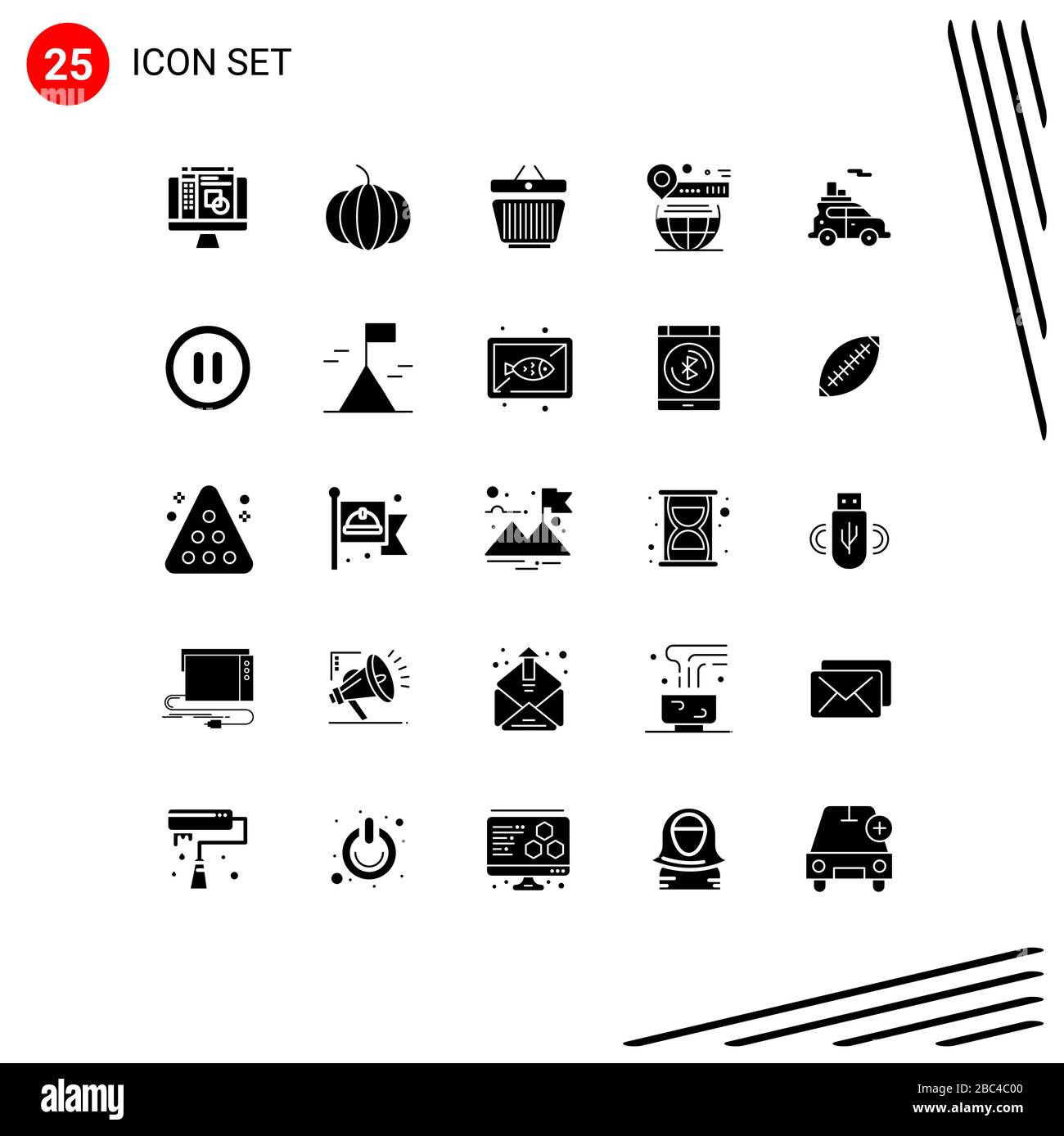 Pictogram Set of 25 Simple Solid Glyphs of vehicle, car, cart, auto, globe Editable Vector Design Elements Stock Vector