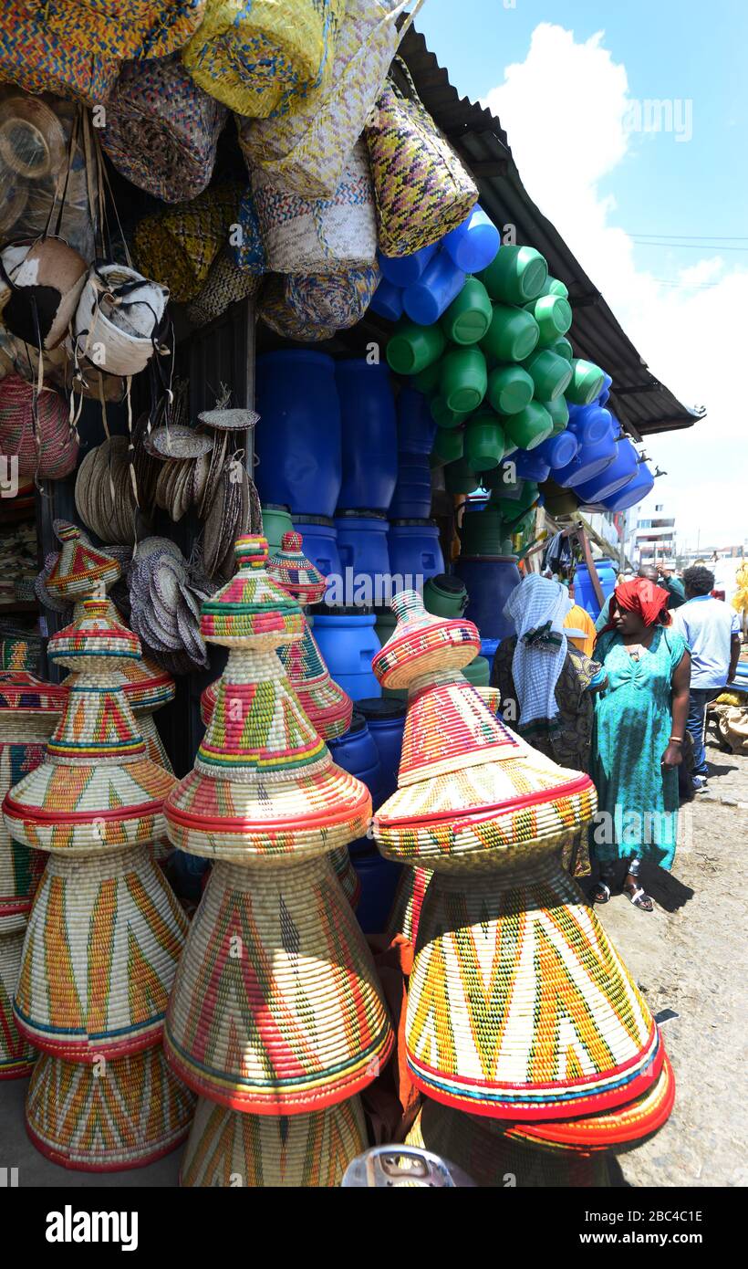 Traditional injera baskets on sale at the Mercato market in Addis Ababa
