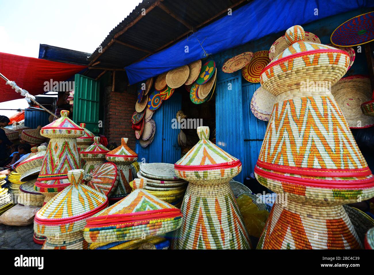 Traditional injera baskets on sale at the Mercato market in Addis Ababa