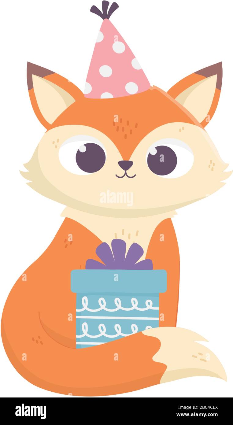 happy birthday, little fox with party hat and gift box celebration ...