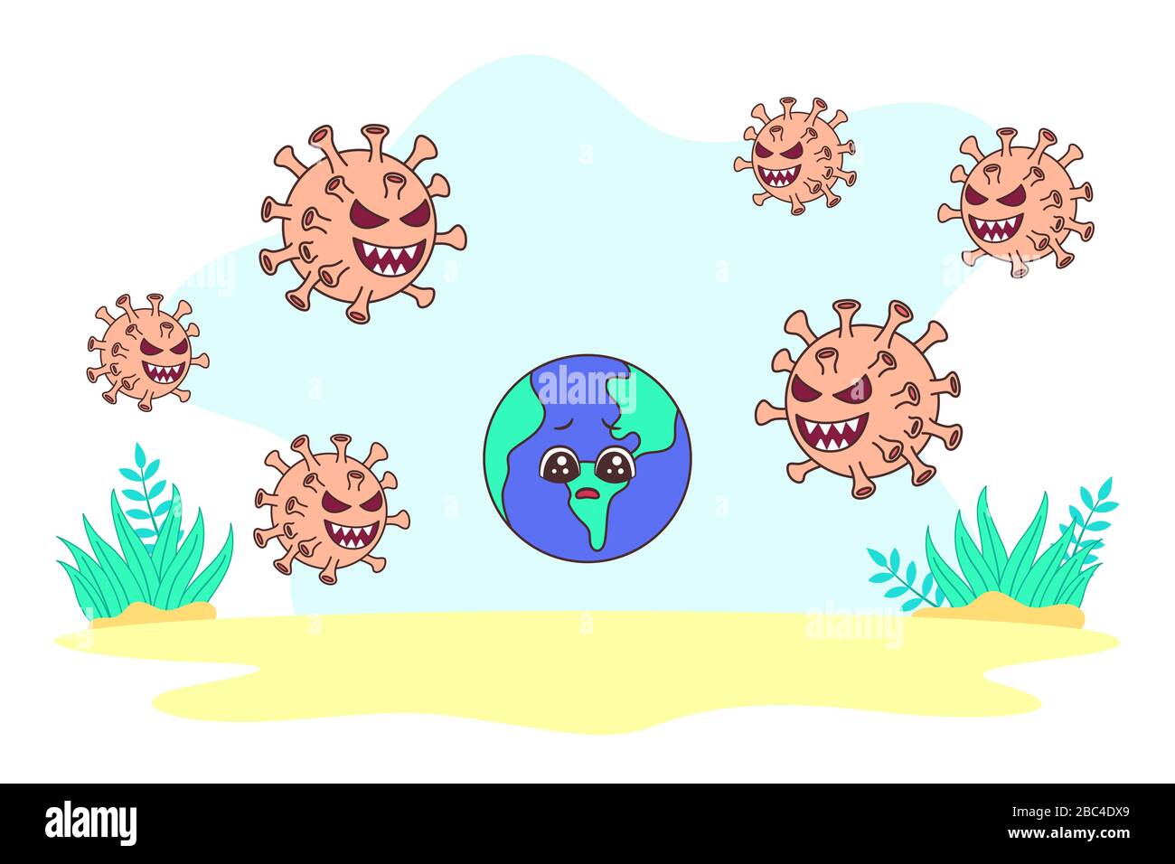 Vector illustration Earth is surrounded by coronavirus. Corona virus is chasing earth a metaphor for epidemic corona virus in the world. Stock Vector