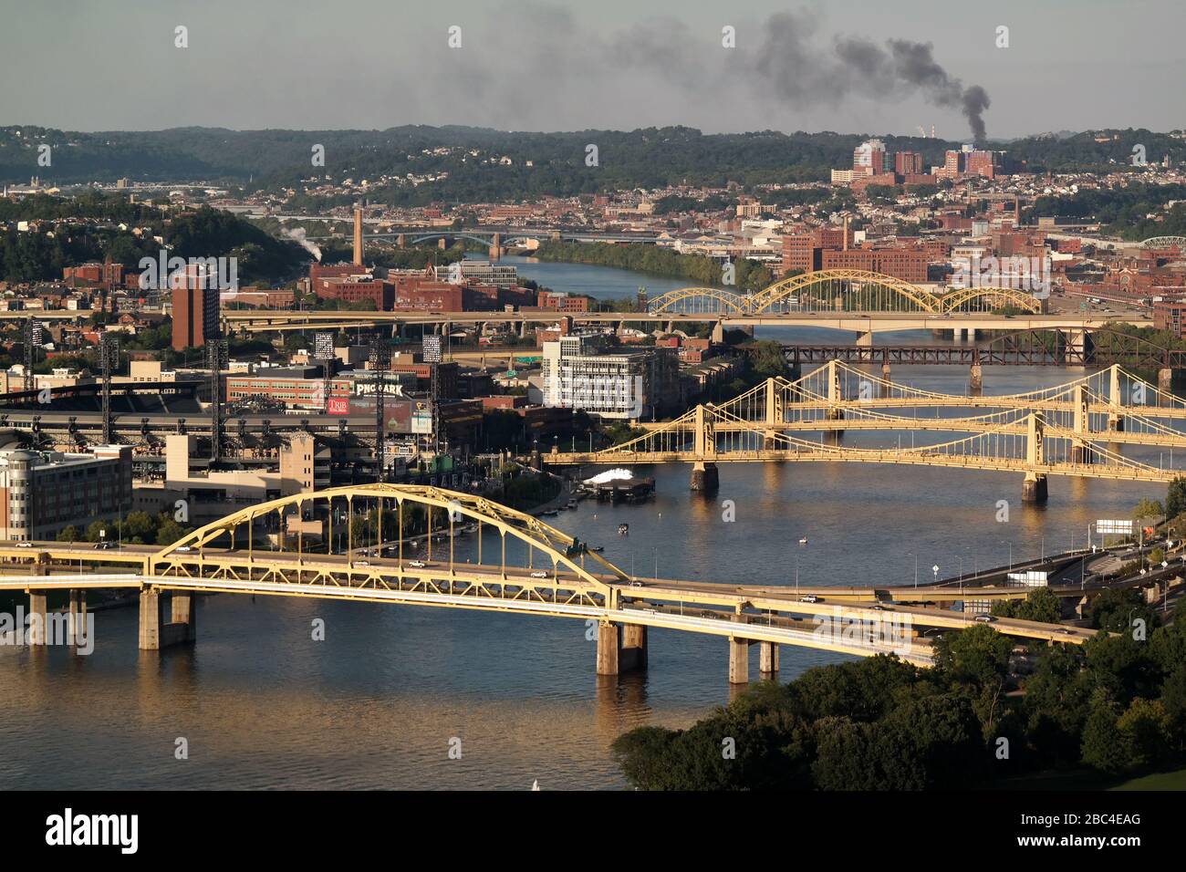 Bridges cross over the Allegheny River in the center of Pittsburgh, Pennsylvania, USA. The Fort Duquesne Bridge is in the foreground. Stock Photo