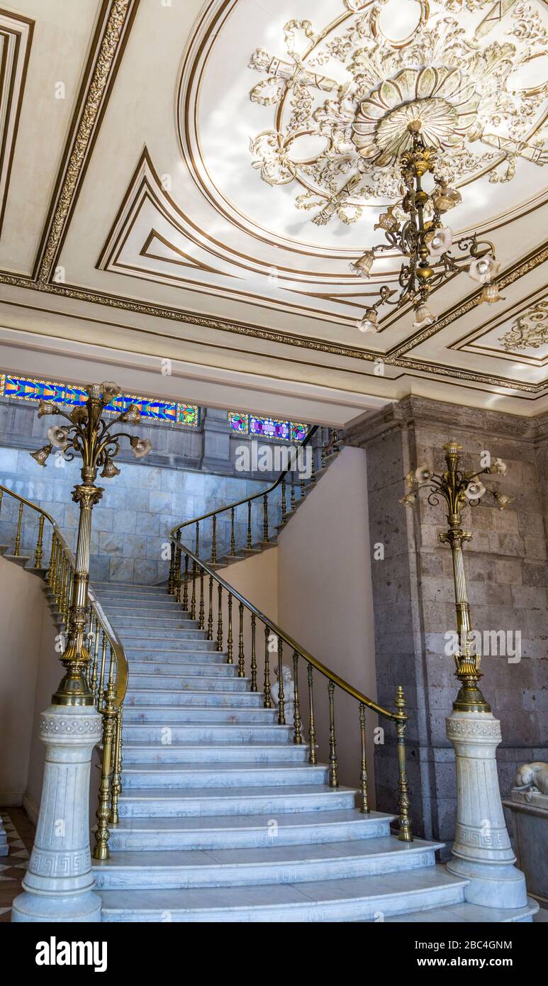 Ornate marble staircase at Chapultepec Castle, now National Museum of History in Mexico City, home to Emperor Maximilian I and Mexican Presidents. Stock Photo