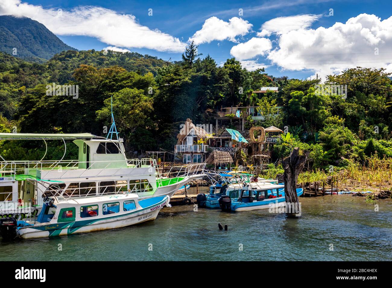 Docks near the village of San Juan on Lake Atitlan, Guatemala. Stock Photo