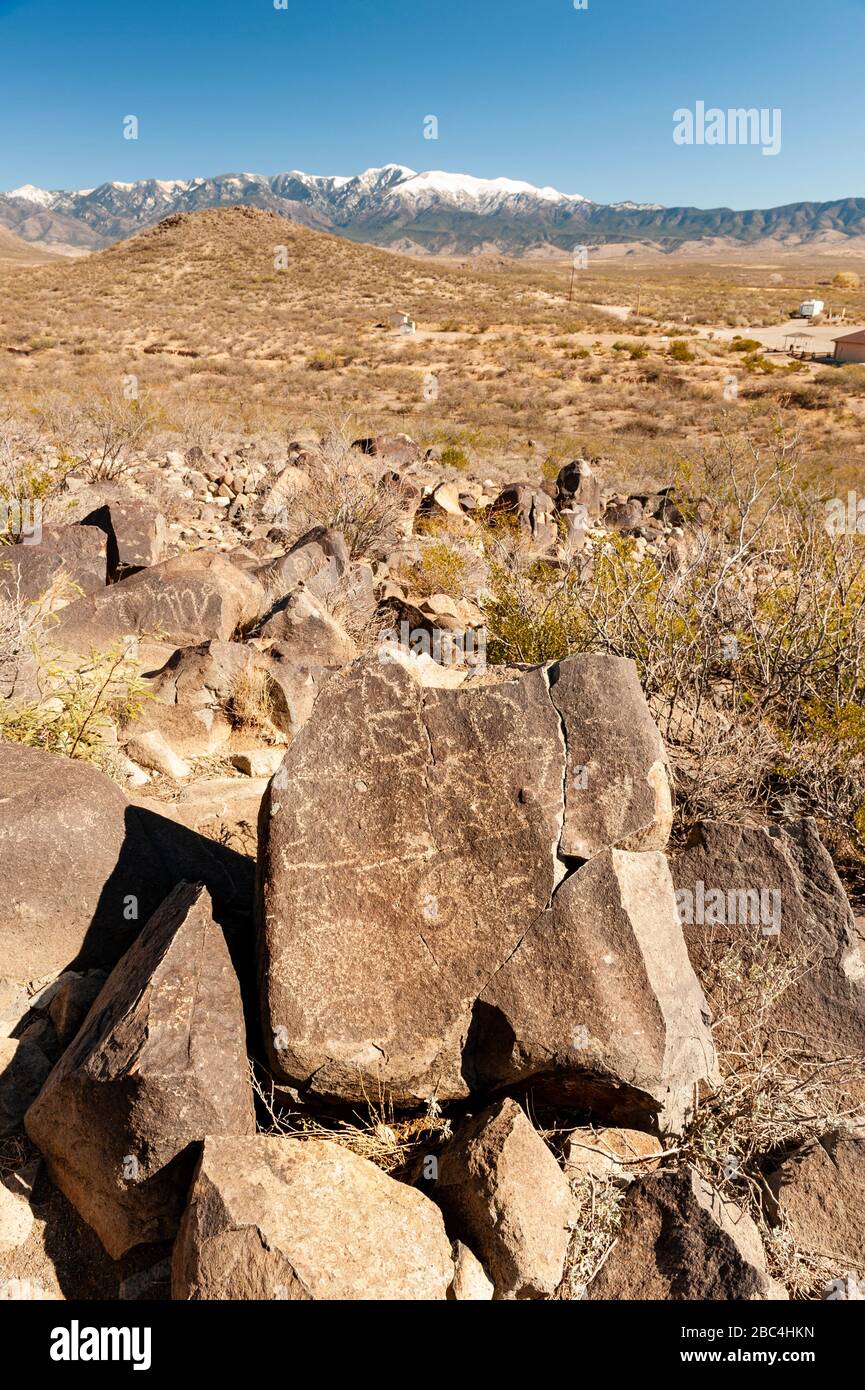 Rock carvings, rock art, petroglyph pattern at Three Rivers Petroglyph Recreational Site, New Mexico, NM, USA Stock Photo