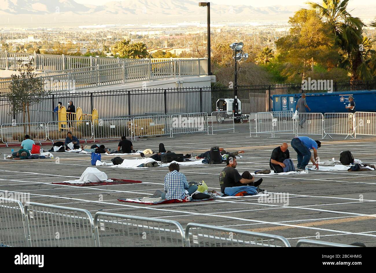 Las Vegas, United States. 02nd Apr, 2020. Homeless individuals set up in a temporary shelter created by boxes being painted in the parking lot of the Cashman Center during the Coronavirus closure in Las Vegas, Nevada on Wednesday, April 1, 2020. Photo by James Atoa/UPI Credit: UPI/Alamy Live News Stock Photo