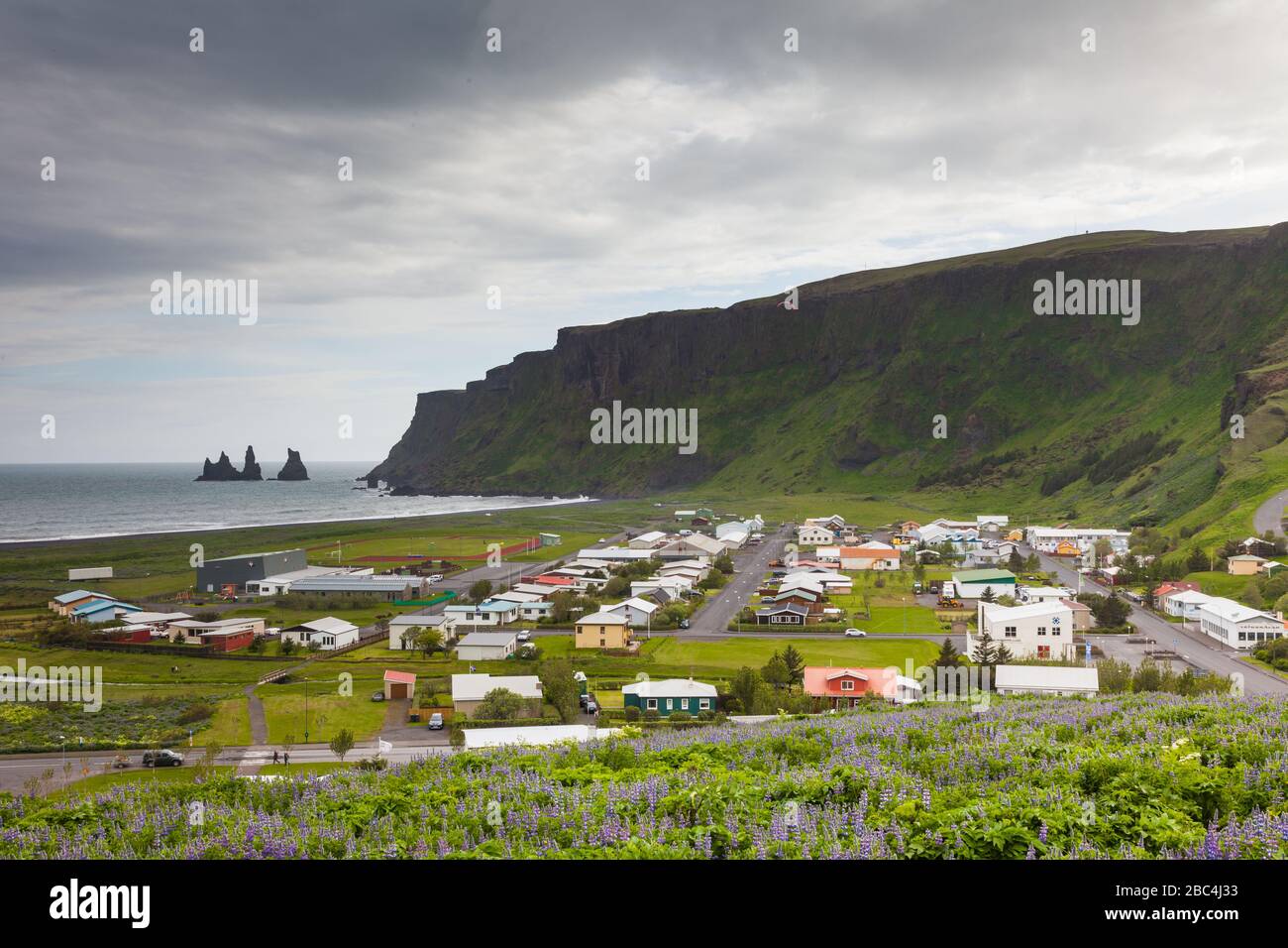 An overview of the town of Vik on the soutern coast of Iceland Stock Photo