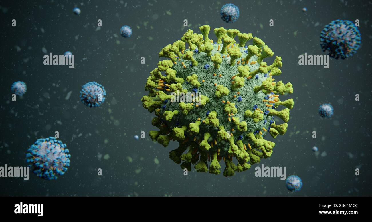 Green COVID-19 Corona Influenza Virus Molecule with Blue Contrast Molecules Floating in Particles - nCOV Coronavirus Pandemic Outbreak Cover Photo 3D Stock Photo