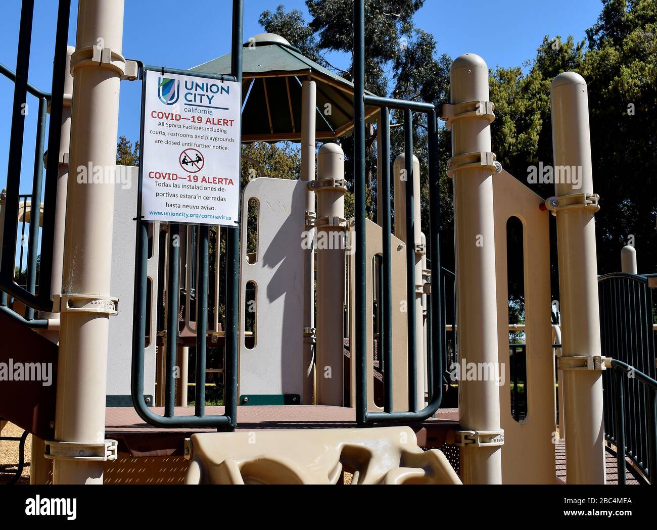 closed playground, in Cann Park in Union City, due to covid-19 virus pandemic, California Stock Photo