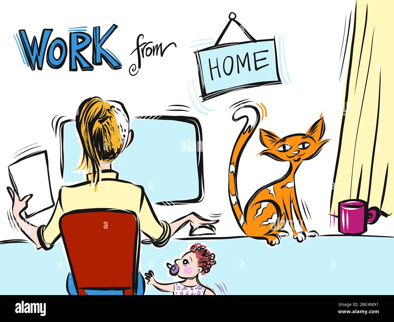What it means "Working from Home" A mother sits at her desk, a child