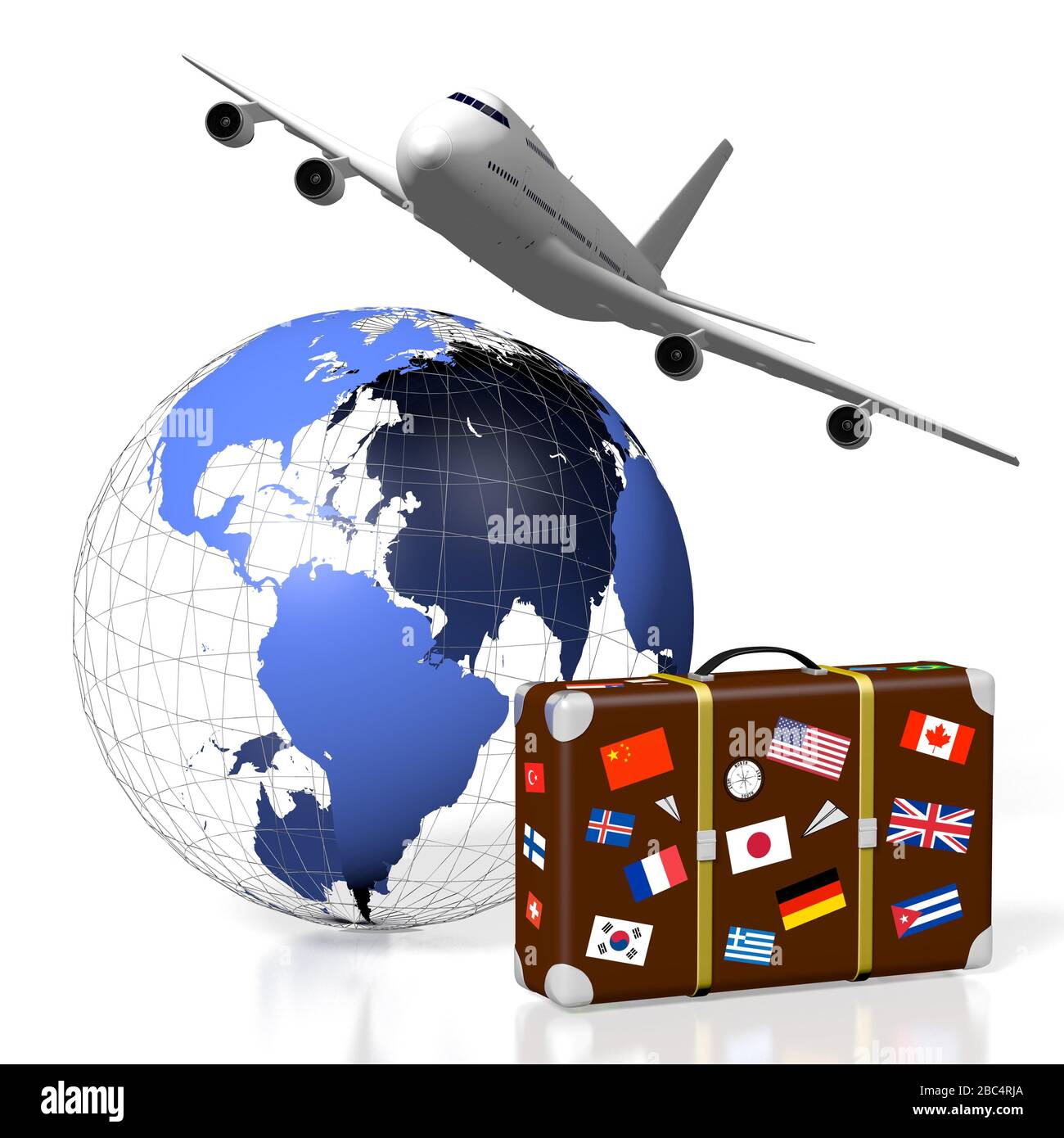 3D Earth, plane, suitcase - travel concept Stock Photo