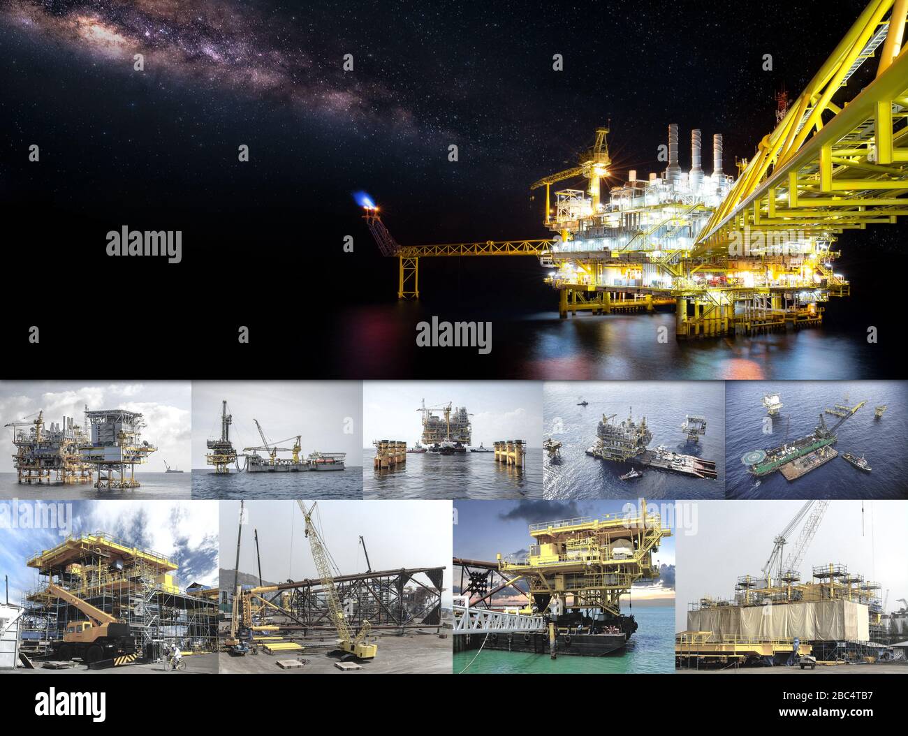 Industry 4.0 concept. Drilling rig crude oil and gas industry. Structure construction of rig ready for shipment with towing vessel for installation at Stock Photo