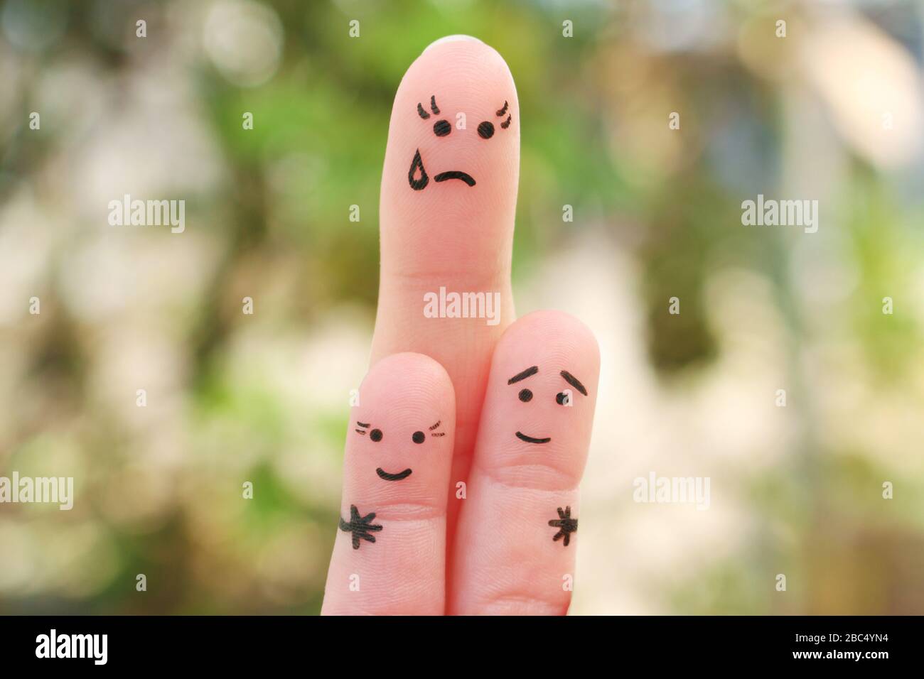 Fingers art of family. Concept single mother left alone with children. Stock Photo