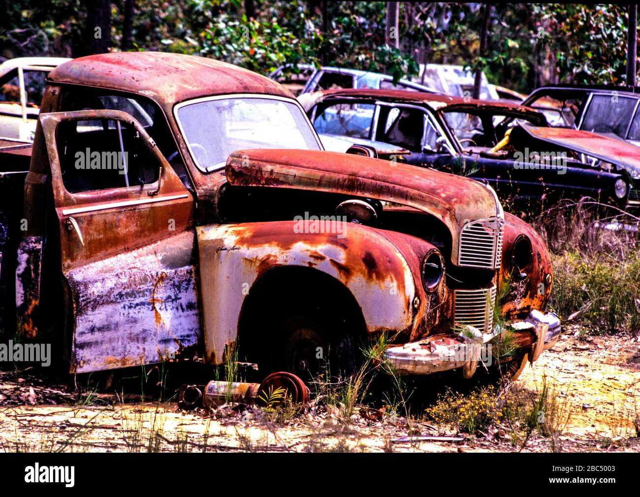 Rusty old cars in wrecker's yard at Broulee in the Australian state of New South Wales Stock Photo