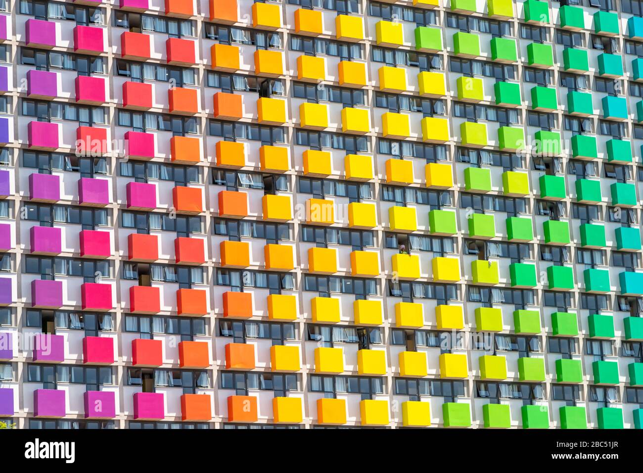 Pretoria, South Africa, 31st January - 2020: Colourful cladding on the balconies of student accommodation building. Stock Photo