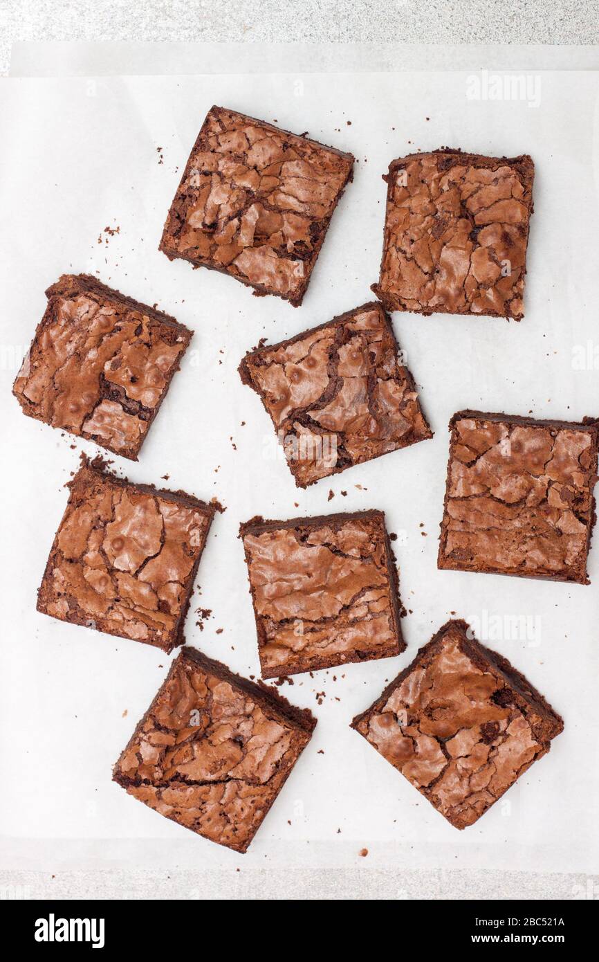 Freshly baked chocolate chewy brownie, cut into nine square pieces. Close up shot Stock Photo